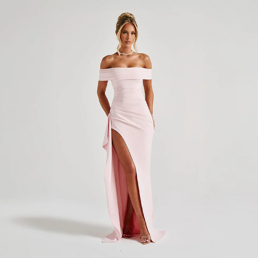 Daniela | Elegantné večerné maxi šaty so spustenými ramenami, riasením a vysokým rozparkom