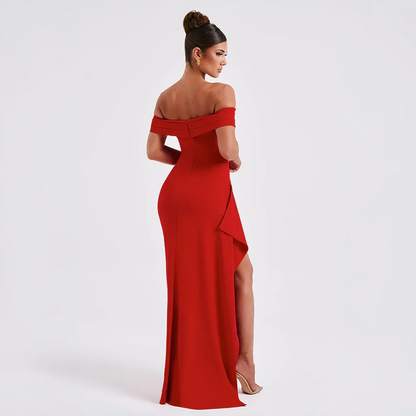 Daniela | Elegantné večerné maxi šaty so spustenými ramenami, riasením a vysokým rozparkom