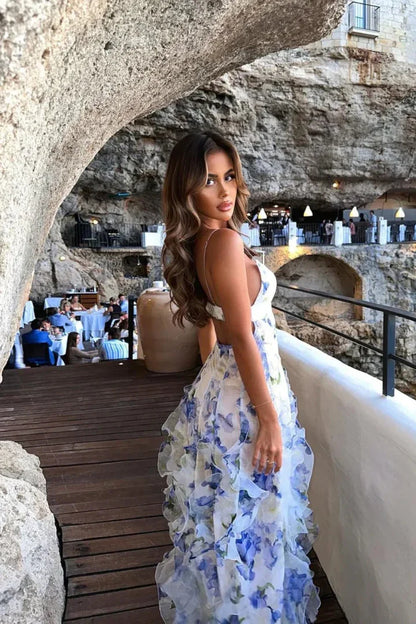Lavinia | Boho volánové stupňovité splývavé plážové letné maxi šaty s rozparkom