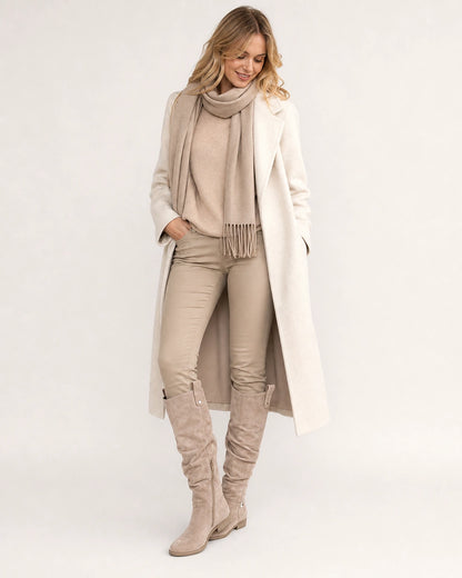 Women's khaki slouch knee-high winter boots with a very low wedge sole, hero view.
